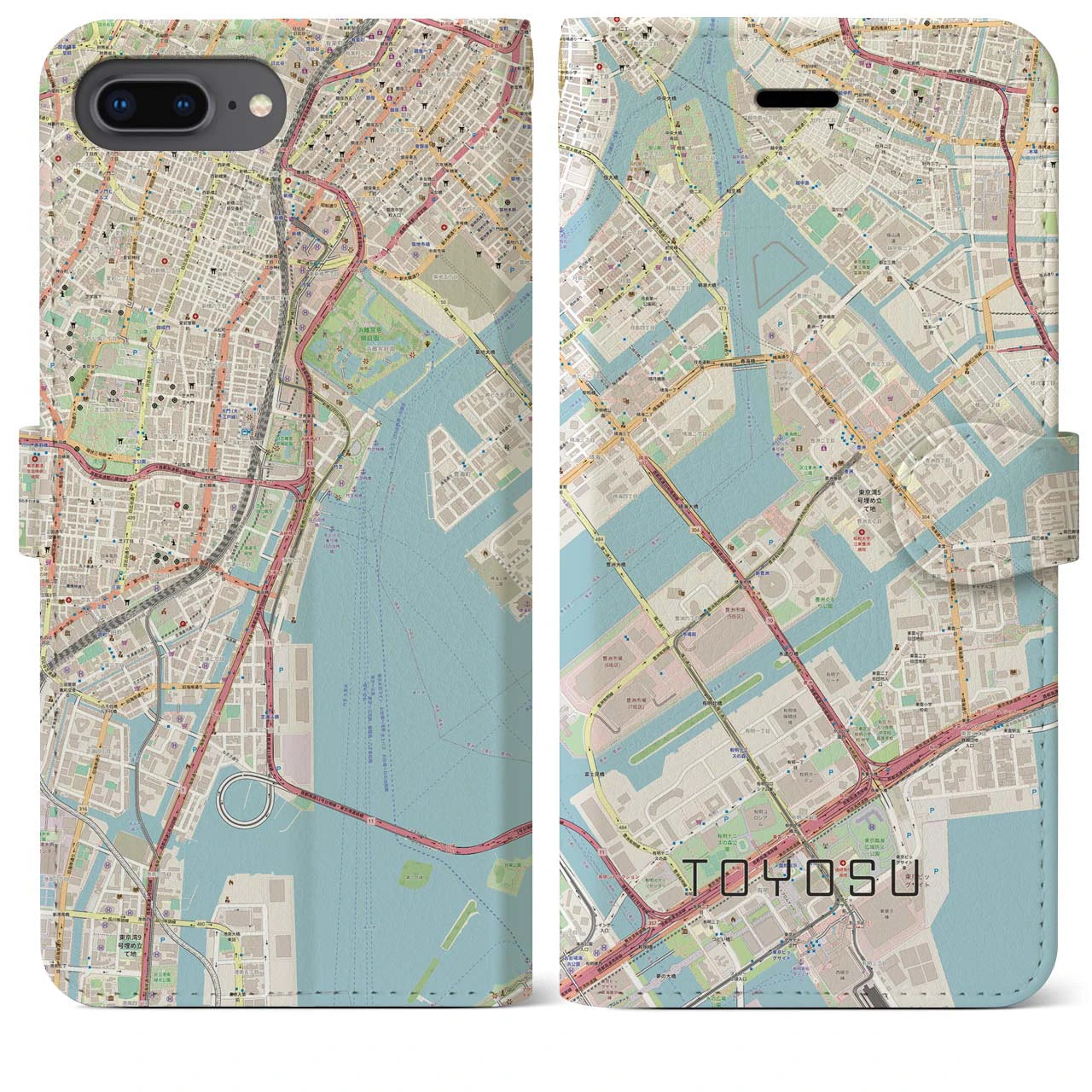【豊洲】地図柄iPhoneケース（手帳両面タイプ・ナチュラル）iPhone 8Plus /7Plus / 6sPlus / 6Plus 用