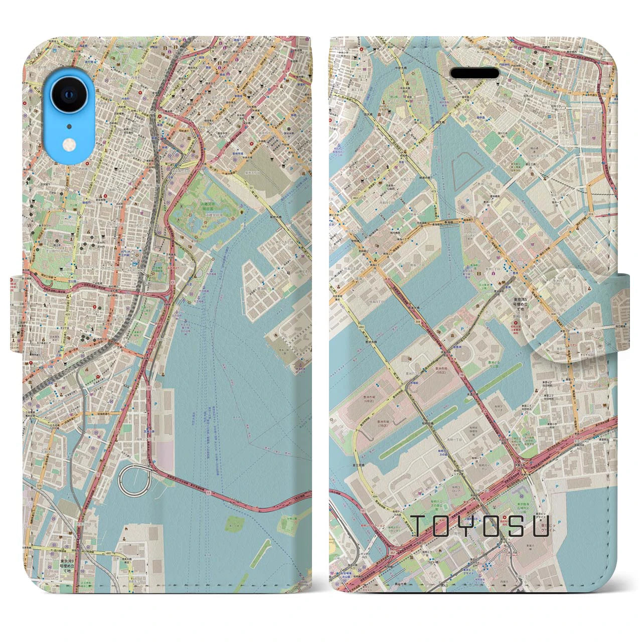 【豊洲】地図柄iPhoneケース（手帳両面タイプ・ナチュラル）iPhone XR 用