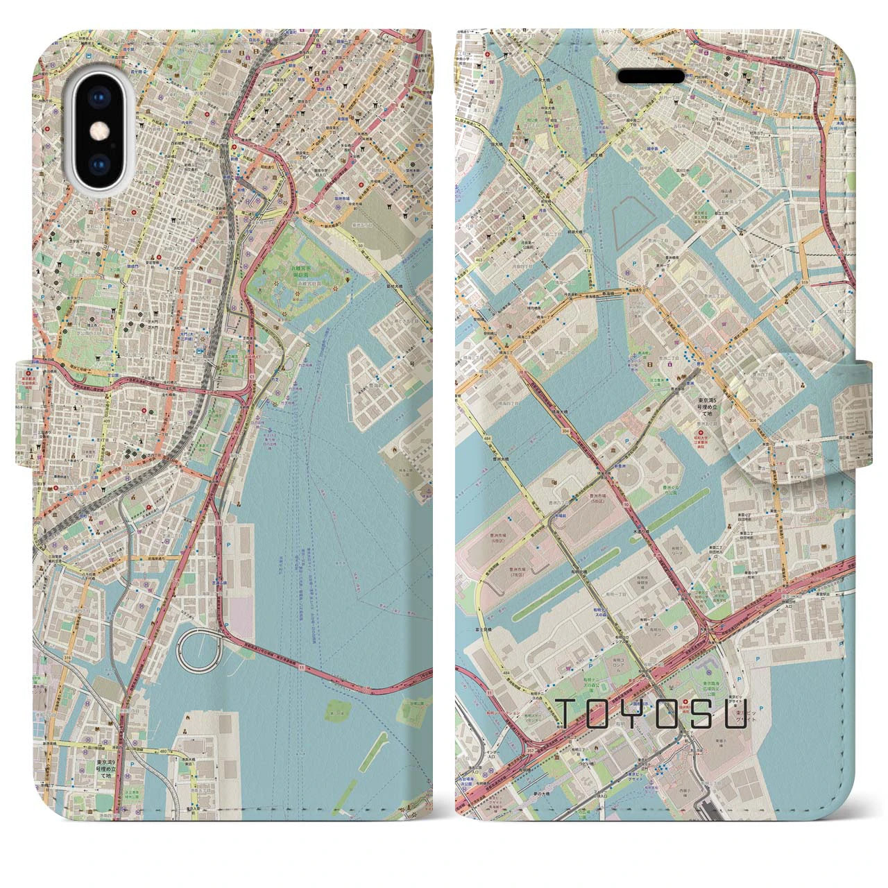 【豊洲】地図柄iPhoneケース（手帳両面タイプ・ナチュラル）iPhone XS Max 用
