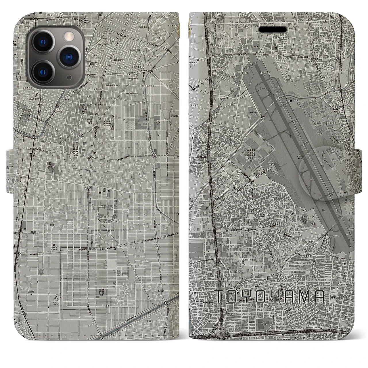 【豊山】地図柄iPhoneケース（手帳両面タイプ・モノトーン）iPhone 11 Pro Max 用