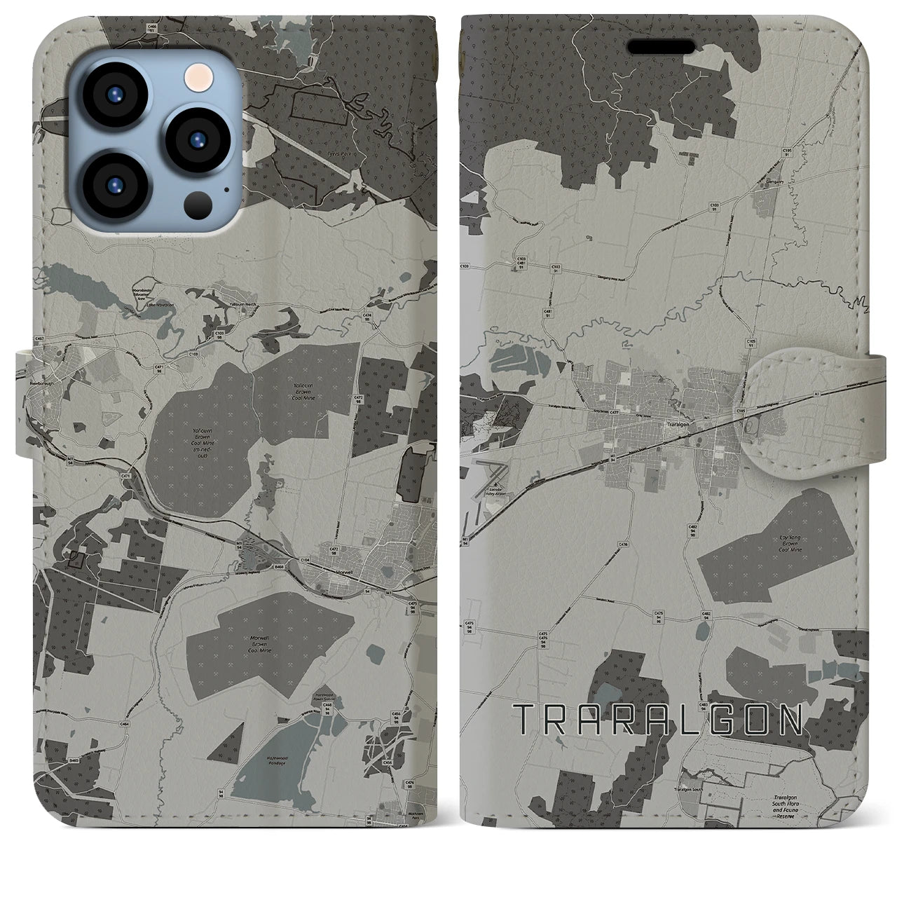 【トララルゴン】地図柄iPhoneケース（手帳両面タイプ・モノトーン）iPhone 13 Pro Max 用