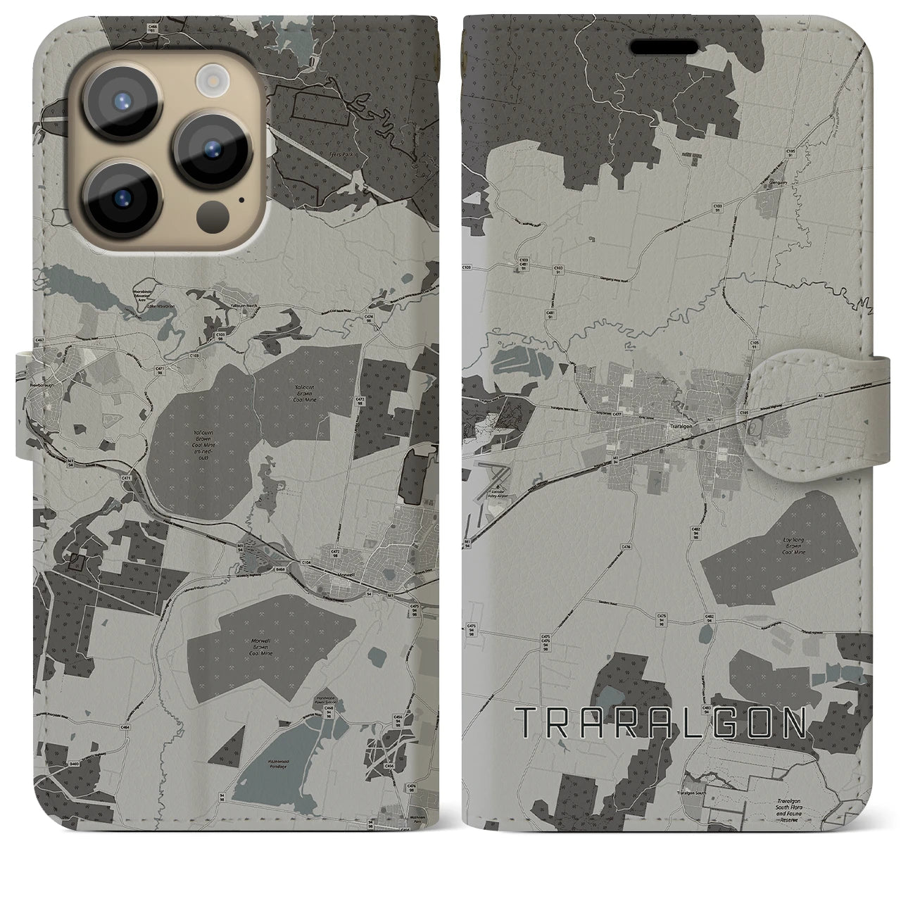 【トララルゴン】地図柄iPhoneケース（手帳両面タイプ・モノトーン）iPhone 14 Pro Max 用