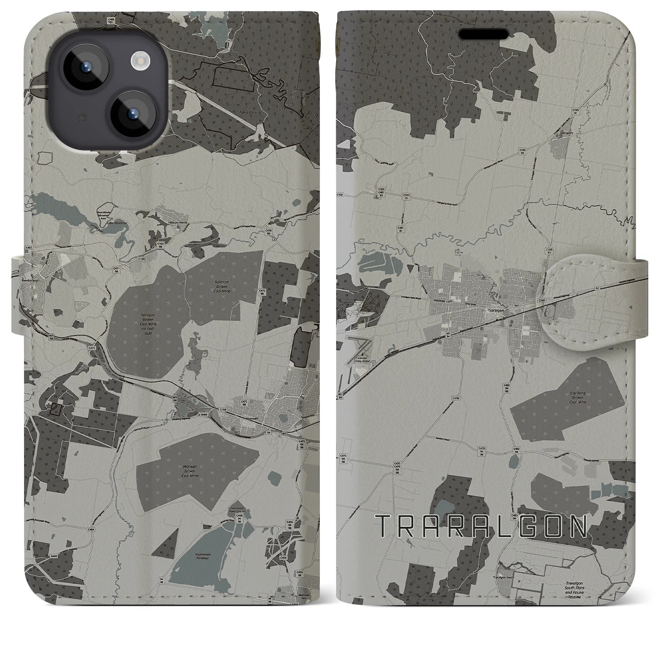 【トララルゴン】地図柄iPhoneケース（手帳両面タイプ・モノトーン）iPhone 14 Plus 用