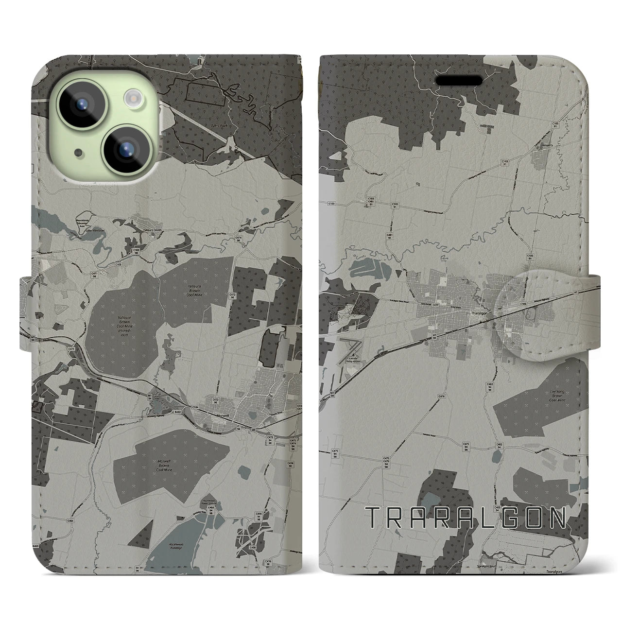 【トララルゴン】地図柄iPhoneケース（手帳両面タイプ・モノトーン）iPhone 15 用