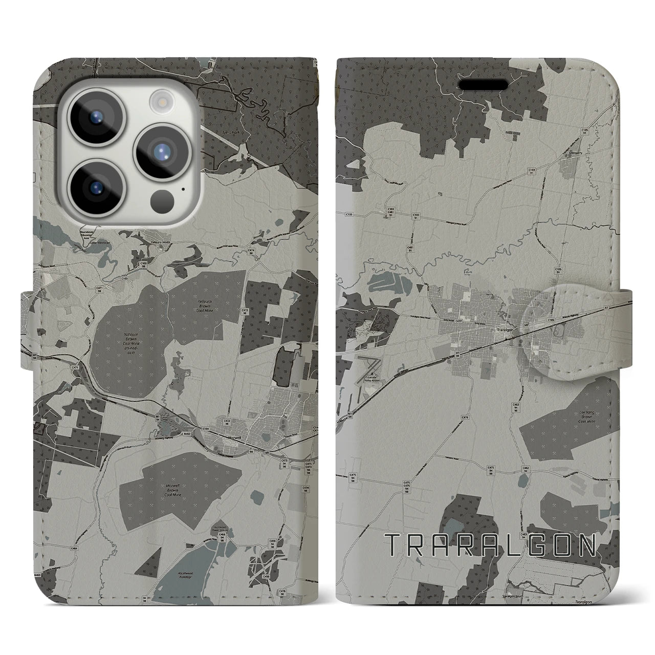 【トララルゴン】地図柄iPhoneケース（手帳両面タイプ・モノトーン）iPhone 15 Pro 用