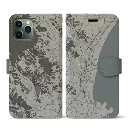 【津（三重県）】地図柄iPhoneケース（手帳タイプ）モノトーン・iPhone 11 Pro 用