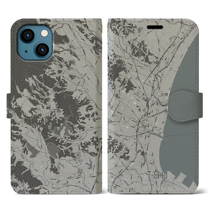 【津（三重県）】地図柄iPhoneケース（手帳タイプ）モノトーン・iPhone 13 用