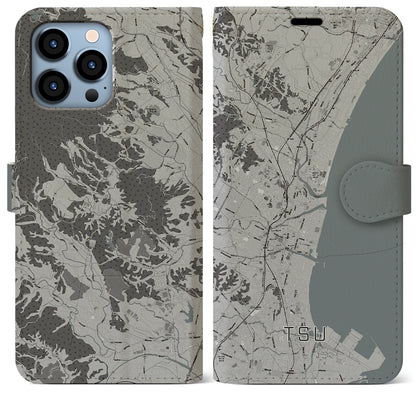 【津（三重県）】地図柄iPhoneケース（手帳タイプ）モノトーン・iPhone 13 Pro Max 用