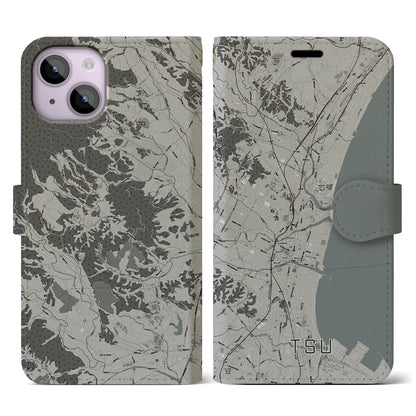 【津（三重県）】地図柄iPhoneケース（手帳タイプ）モノトーン・iPhone 14 用