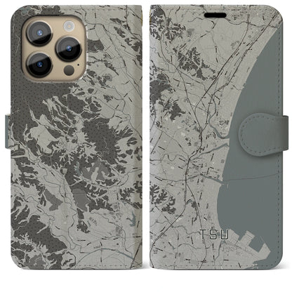 【津（三重県）】地図柄iPhoneケース（手帳タイプ）モノトーン・iPhone 14 Pro Max 用