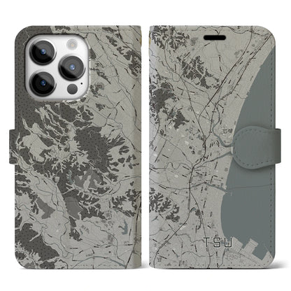 【津（三重県）】地図柄iPhoneケース（手帳タイプ）モノトーン・iPhone 14 Pro 用