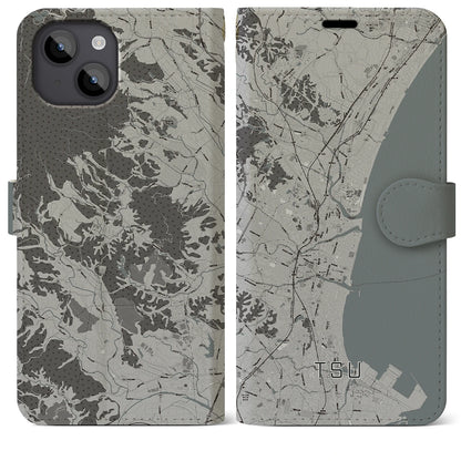 【津（三重県）】地図柄iPhoneケース（手帳タイプ）モノトーン・iPhone 14 Plus 用