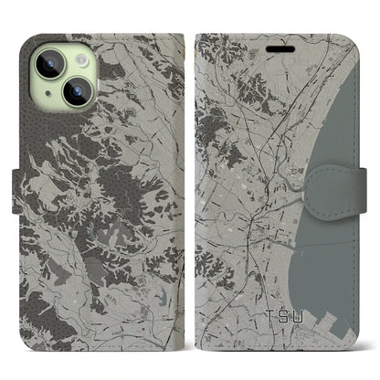 【津（三重県）】地図柄iPhoneケース（手帳タイプ）モノトーン・iPhone 15 用