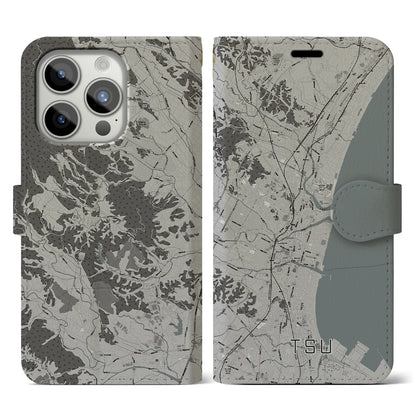 【津（三重県）】地図柄iPhoneケース（手帳タイプ）モノトーン・iPhone 15 Pro 用