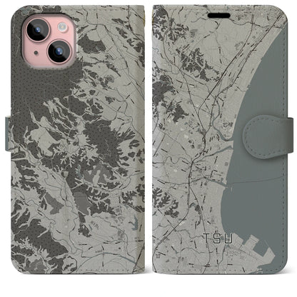 【津（三重県）】地図柄iPhoneケース（手帳タイプ）モノトーン・iPhone 15 Plus 用