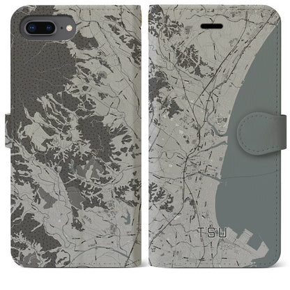 【津（三重県）】地図柄iPhoneケース（手帳タイプ）モノトーン・iPhone 8Plus /7Plus / 6sPlus / 6Plus 用