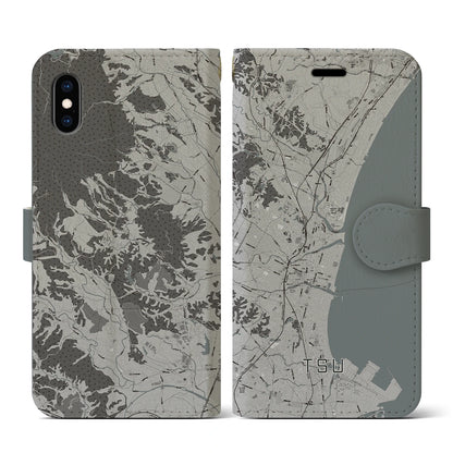 【津（三重県）】地図柄iPhoneケース（手帳タイプ）モノトーン・iPhone XS / X 用