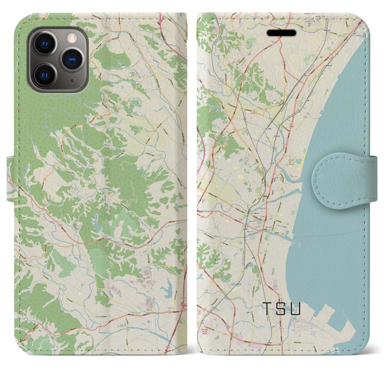 【津】地図柄iPhoneケース（手帳両面タイプ・ナチュラル）iPhone 11 Pro Max 用