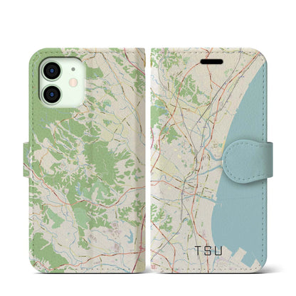 【津（三重県）】地図柄iPhoneケース（手帳タイプ）ナチュラル・iPhone 12 mini 用