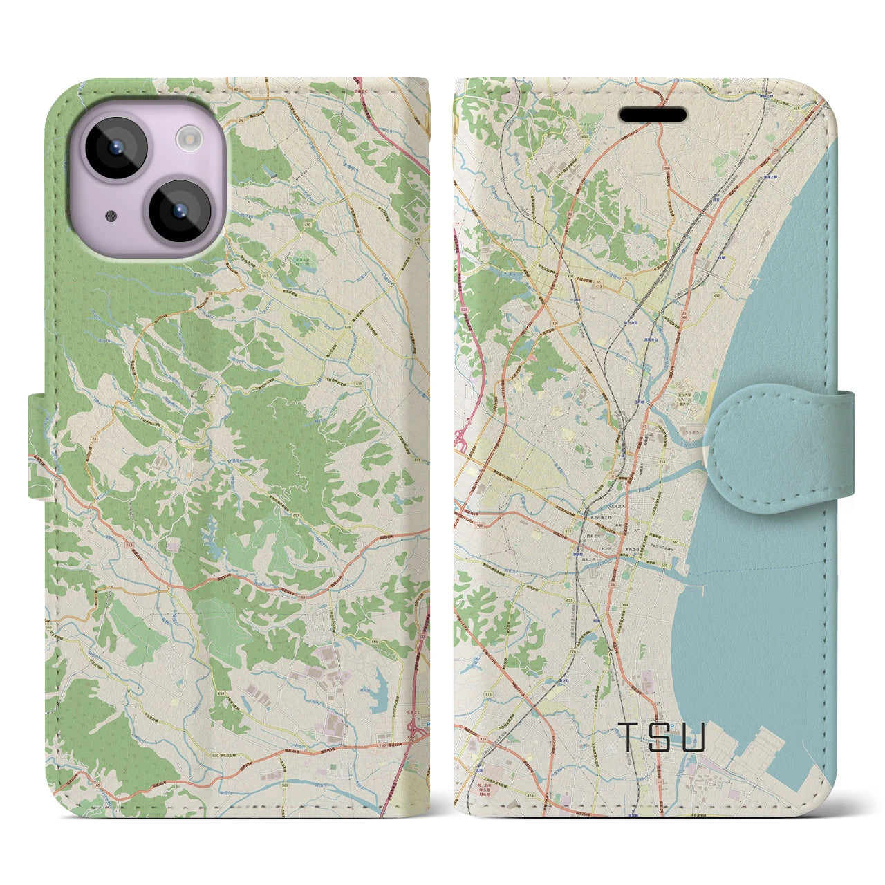 【津】地図柄iPhoneケース（手帳両面タイプ・ナチュラル）iPhone 14 用