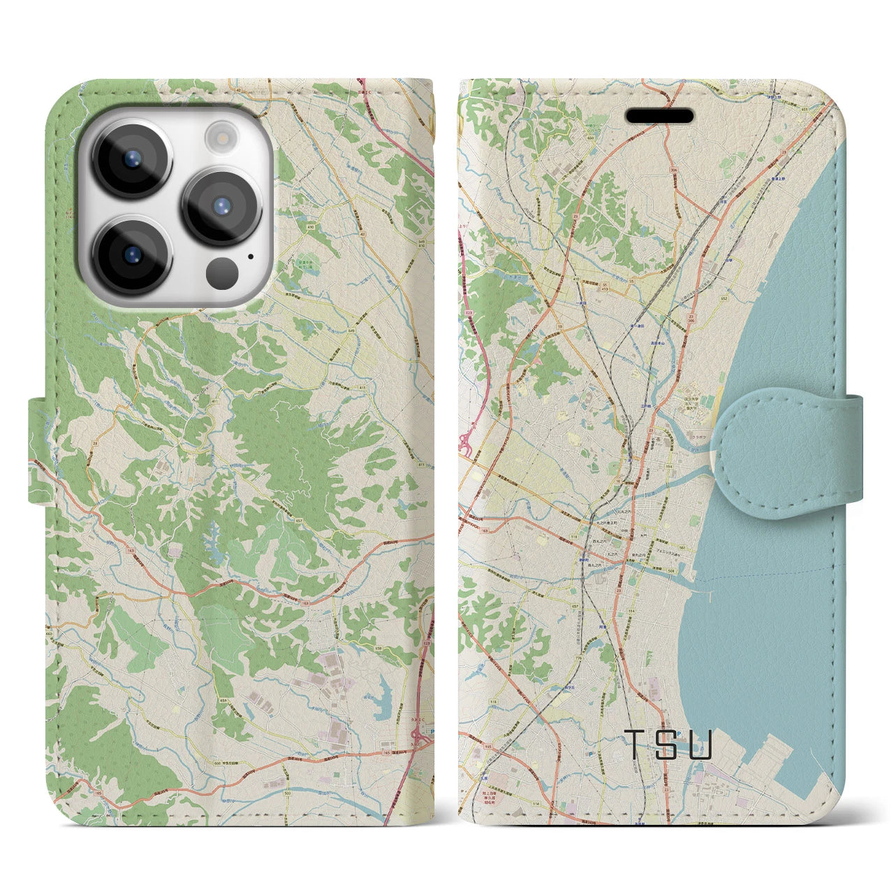 【津】地図柄iPhoneケース（手帳両面タイプ・ナチュラル）iPhone 14 Pro 用