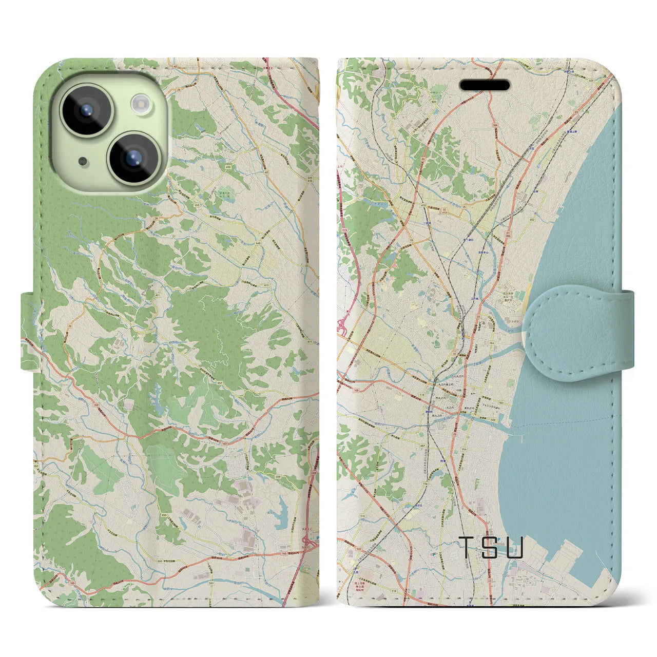 【津】地図柄iPhoneケース（手帳両面タイプ・ナチュラル）iPhone 15 用