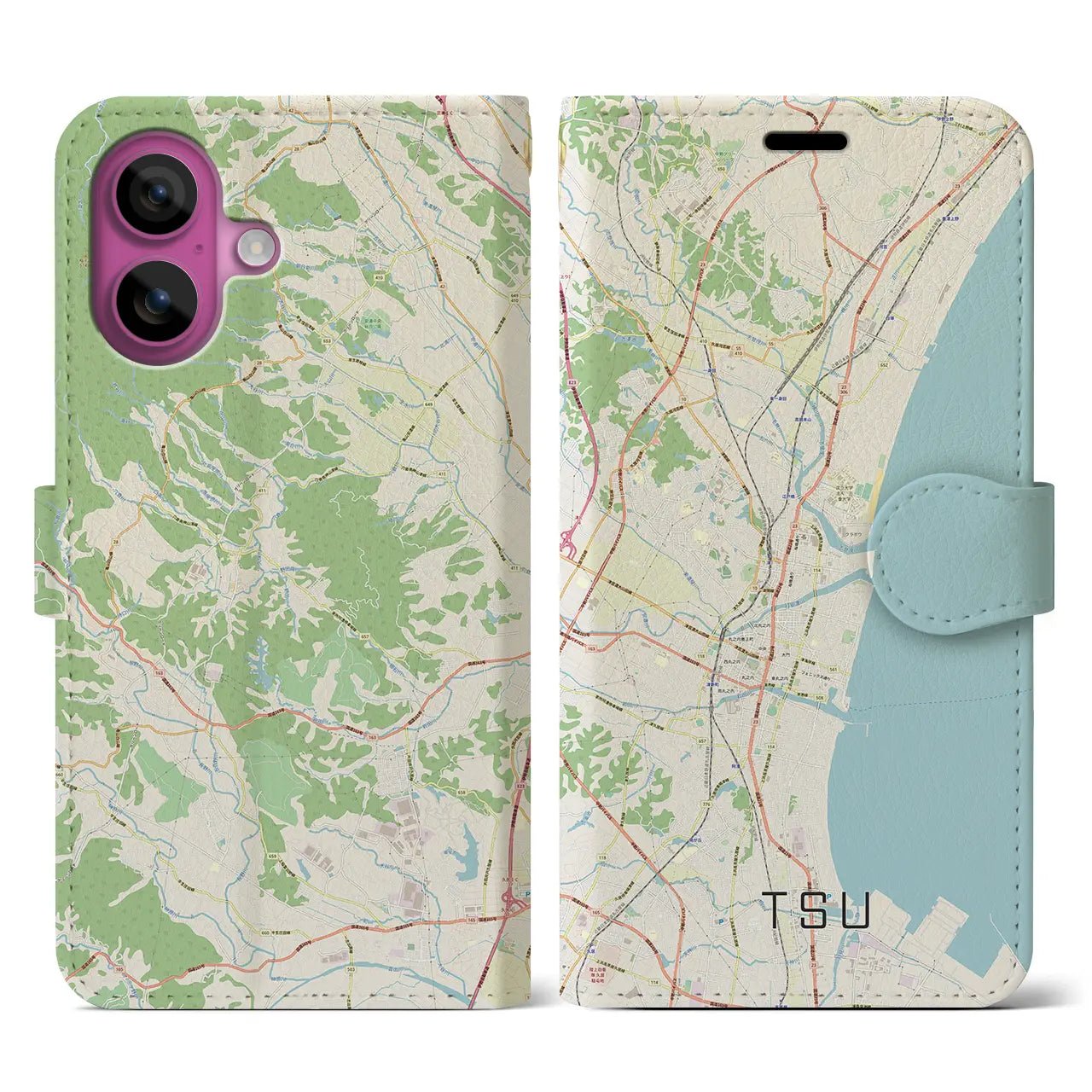 【津（三重県）】地図柄iPhoneケース（手帳タイプ）ナチュラル・iPhone 16 Pro 用