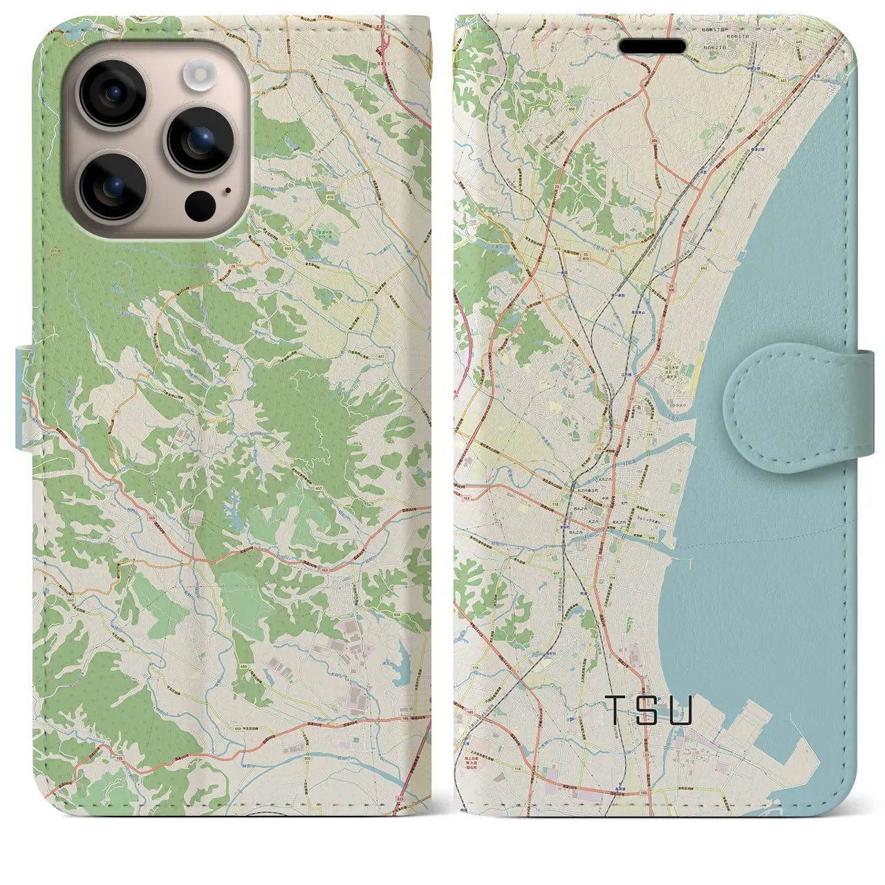 【津（三重県）】地図柄iPhoneケース（手帳タイプ）ナチュラル・iPhone 16 Plus 用