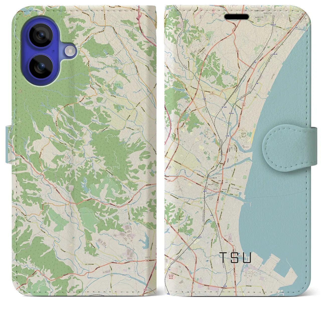 【津（三重県）】地図柄iPhoneケース（手帳タイプ）ナチュラル・iPhone 16 Pro Max 用