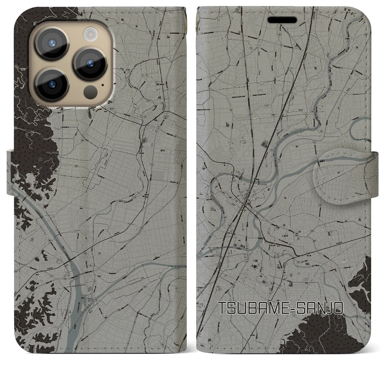 【燕三条】地図柄iPhoneケース（手帳両面タイプ・モノトーン）iPhone 14 Pro Max 用
