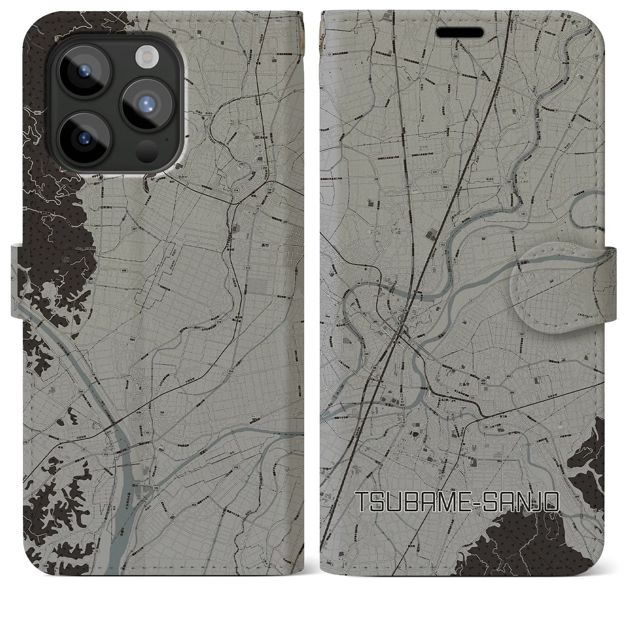 【燕三条】地図柄iPhoneケース（手帳両面タイプ・モノトーン）iPhone 15 Pro Max 用
