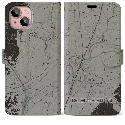 【燕三条（新潟県）】地図柄iPhoneケース（手帳タイプ）モノトーン・iPhone 15 Plus 用