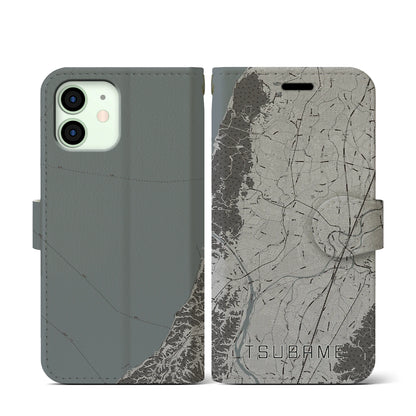 【燕（新潟県）】地図柄iPhoneケース（手帳タイプ）モノトーン・iPhone 12 mini 用