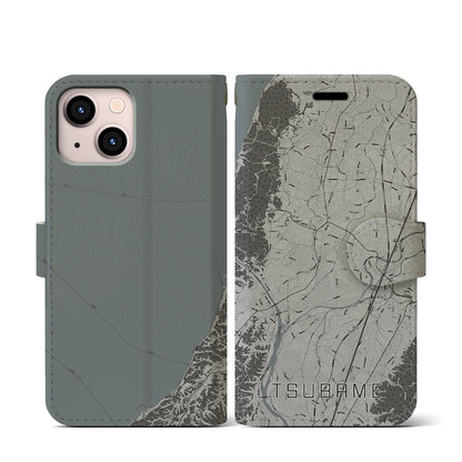 【燕（新潟県）】地図柄iPhoneケース（手帳タイプ）モノトーン・iPhone 13 mini 用