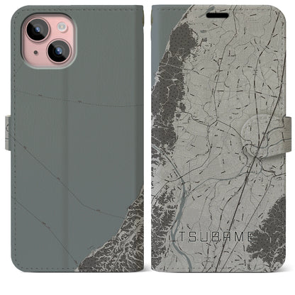 【燕（新潟県）】地図柄iPhoneケース（手帳タイプ）モノトーン・iPhone 15 Plus 用