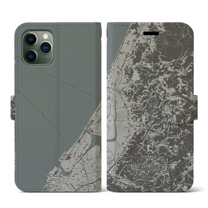 【津幡（石川県）】地図柄iPhoneケース（手帳タイプ）モノトーン・iPhone 11 Pro 用