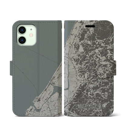 【津幡（石川県）】地図柄iPhoneケース（手帳タイプ）モノトーン・iPhone 12 mini 用