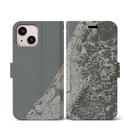 【津幡（石川県）】地図柄iPhoneケース（手帳タイプ）モノトーン・iPhone 13 mini 用