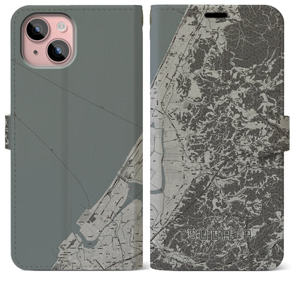 【津幡（石川県）】地図柄iPhoneケース（手帳タイプ）モノトーン・iPhone 15 Plus 用