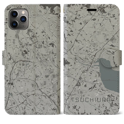 【土浦（茨城県）】地図柄iPhoneケース（手帳タイプ）モノトーン・iPhone 11 Pro Max 用