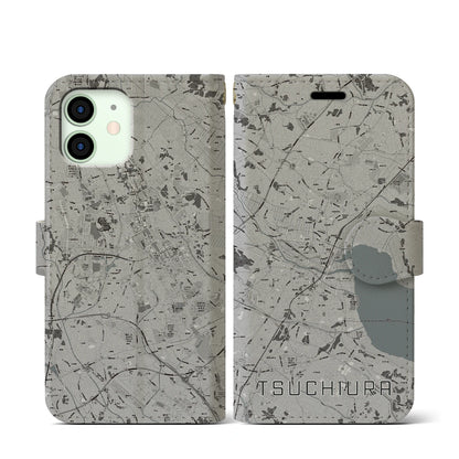 【土浦（茨城県）】地図柄iPhoneケース（手帳タイプ）モノトーン・iPhone 12 mini 用