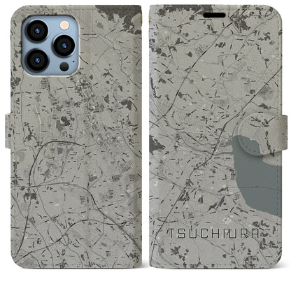 【土浦（茨城県）】地図柄iPhoneケース（手帳タイプ）モノトーン・iPhone 13 Pro Max 用
