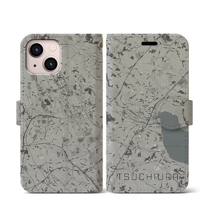 【土浦（茨城県）】地図柄iPhoneケース（手帳タイプ）モノトーン・iPhone 13 mini 用