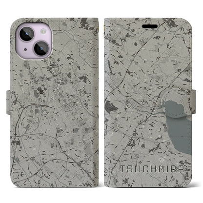 【土浦（茨城県）】地図柄iPhoneケース（手帳タイプ）モノトーン・iPhone 14 用