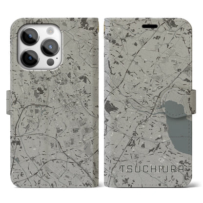 【土浦（茨城県）】地図柄iPhoneケース（手帳タイプ）モノトーン・iPhone 14 Pro 用