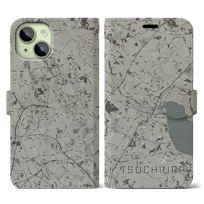 【土浦（茨城県）】地図柄iPhoneケース（手帳タイプ）モノトーン・iPhone 15 用