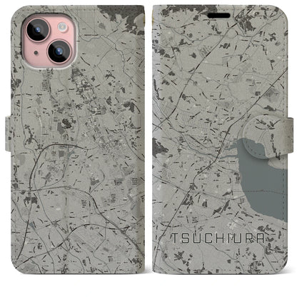 【土浦（茨城県）】地図柄iPhoneケース（手帳タイプ）モノトーン・iPhone 15 Plus 用