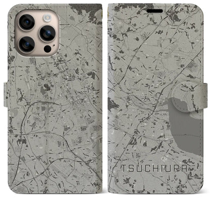 【土浦（茨城県）】地図柄iPhoneケース（手帳タイプ）モノトーン・iPhone 16 Plus 用