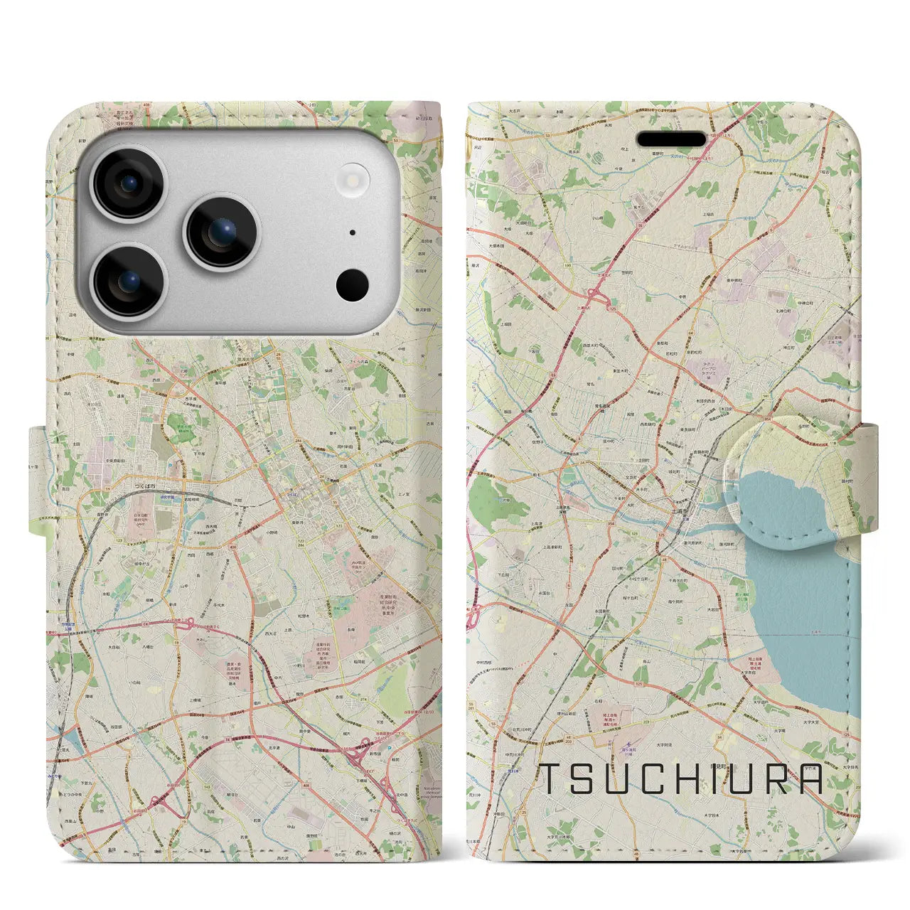 【土浦（茨城県）】地図柄iPhoneケース（手帳タイプ）モノトーン・iPhone 17 Pro Max 用