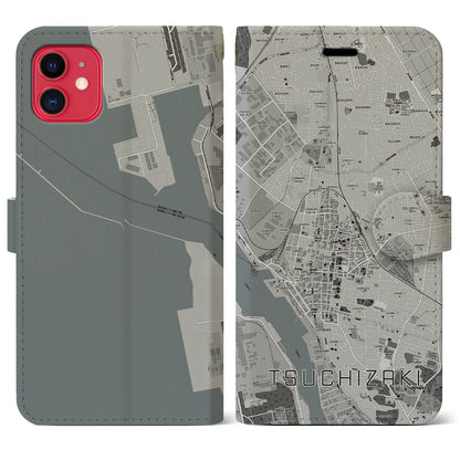 【土崎（秋田県）】地図柄iPhoneケース（手帳タイプ）モノトーン・iPhone 11 用